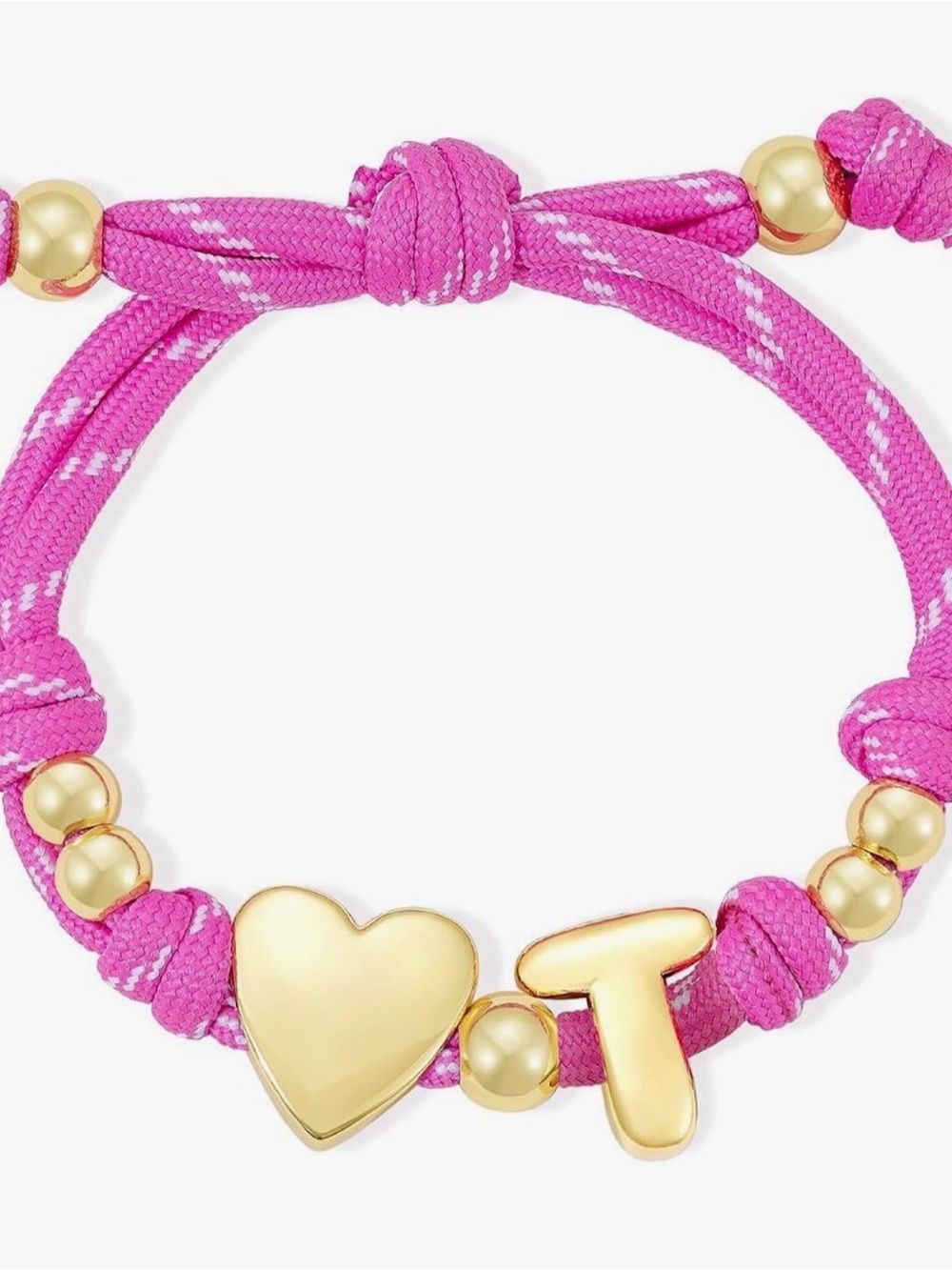NEW 14K Gold Plated Pink Rope Bracelet with Gold Heart & 'T' Charms